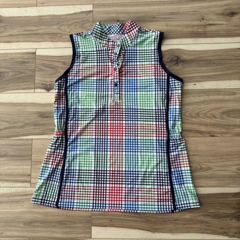 Kinona Women's Make It Snappy Sleeveless Golf Top Vacation Plaid Large UPF 50+